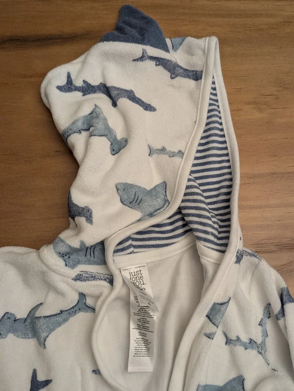 0-9 M Baby Hooded Bathrobe - Blue & White Shark Plush Robe w/ Tie Waist